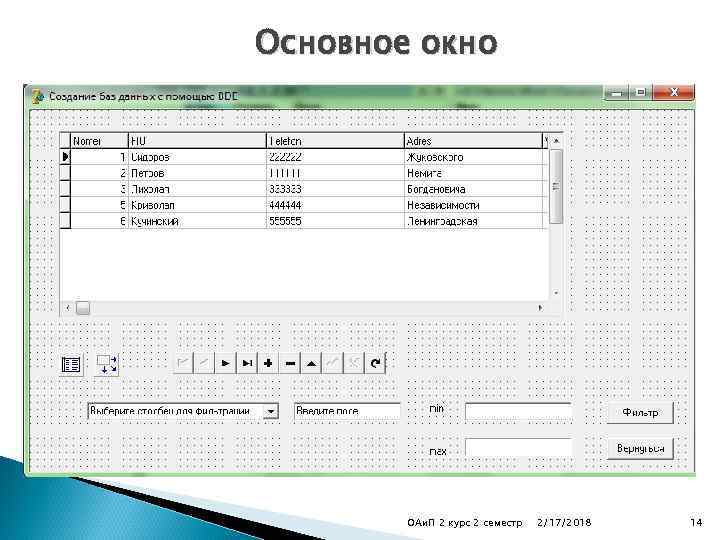 Основное окно ОАи. П 2 курс 2 семестр 2/17/2018 14 