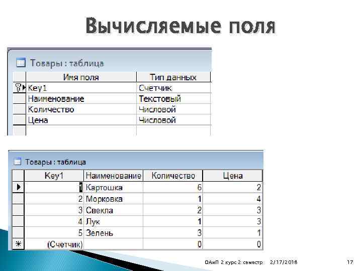 Вычисляемые поля ОАи. П 2 курс 2 семестр 2/17/2018 17 