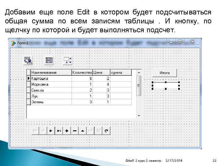 Добавим еще поле Edit в котором будет подсчитываться общая сумма по всем записям таблицы.