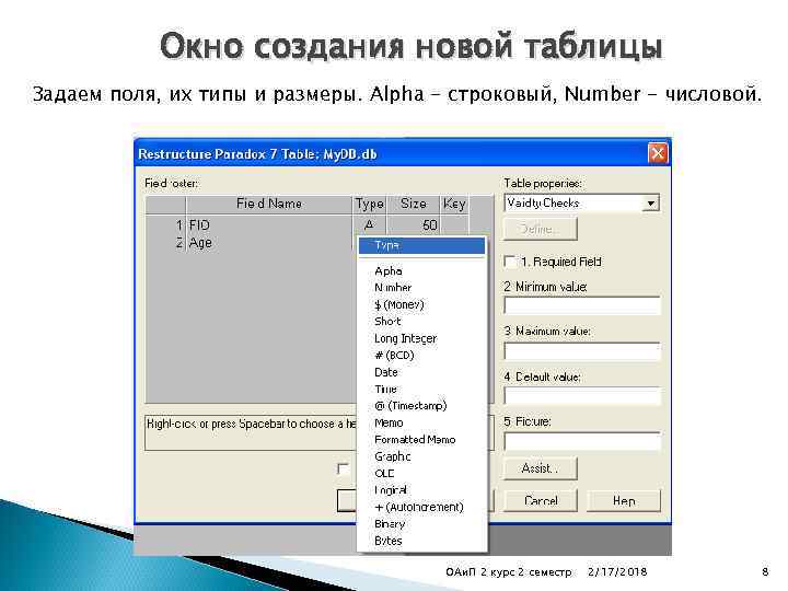 Окно создания новой таблицы Задаем поля, их типы и размеры. Alpha - строковый, Number