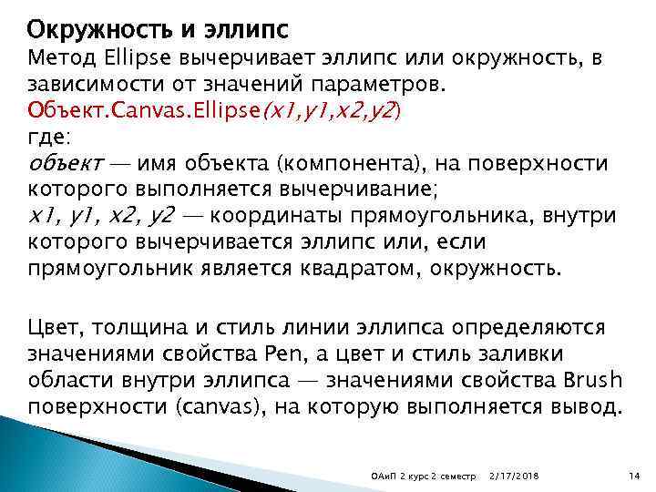 Окружность и эллипс Метод Ellipse вычерчивает эллипс или окружность, в зависимости от значений параметров.