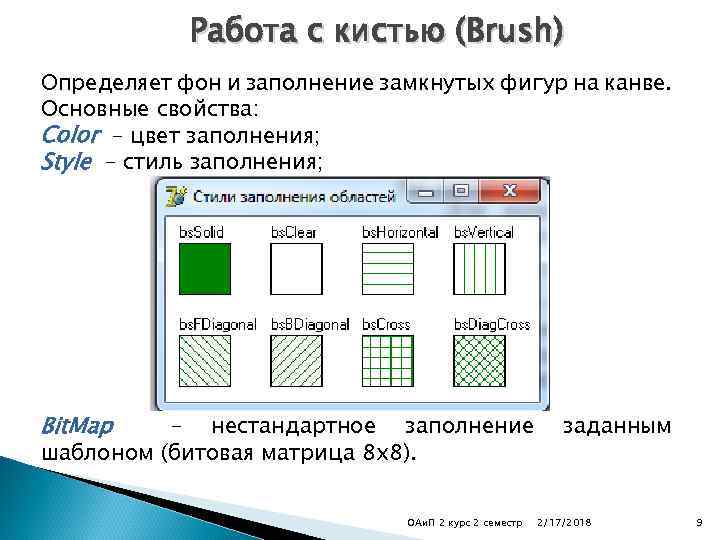 Работа с кистью (Brush) Определяет фон и заполнение замкнутых фигур на канве. Основные свойства: