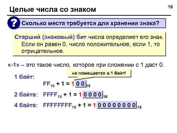 Целые числа со знаком ? Сколько места требуется для хранения знака? Старший (знаковый) бит