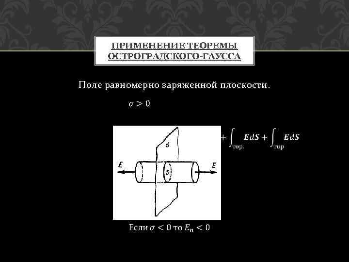 ПРИМЕНЕНИЕ ТЕОРЕМЫ ОСТРОГРАДСКОГО-ГАУССА Поле равномерно заряженной плоскости. 