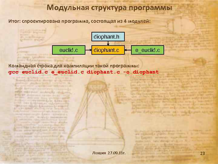 Модульная структура программы Итог: спроектирована программа, состоящая из 4 модулей: diophant. h euclid. c