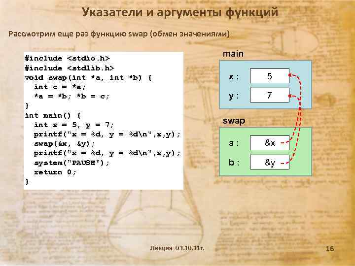 Указатели и аргументы функций Рассмотрим еще раз функцию swap (обмен значениями) #include <stdio. h>