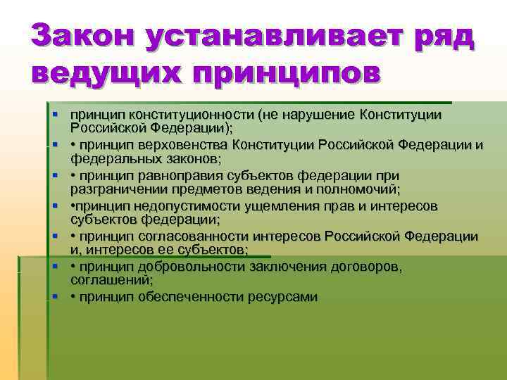 Закон устанавливает ряд ведущих принципов § принцип конституционности (не нарушение Конституции Российской Федерации); §