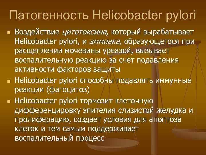 Патогенность Helicobacter pylori n n n Воздействие цитотоксина, который вырабатывает Helicobacter pylori, и аммиака,