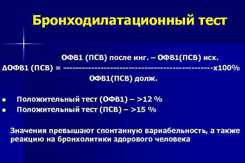 Бронходилатационный тест ОФВ 1 (ПСВ) после инг. – ОФВ 1(ПСВ) исх. ΔОФВ 1 (ПСВ)