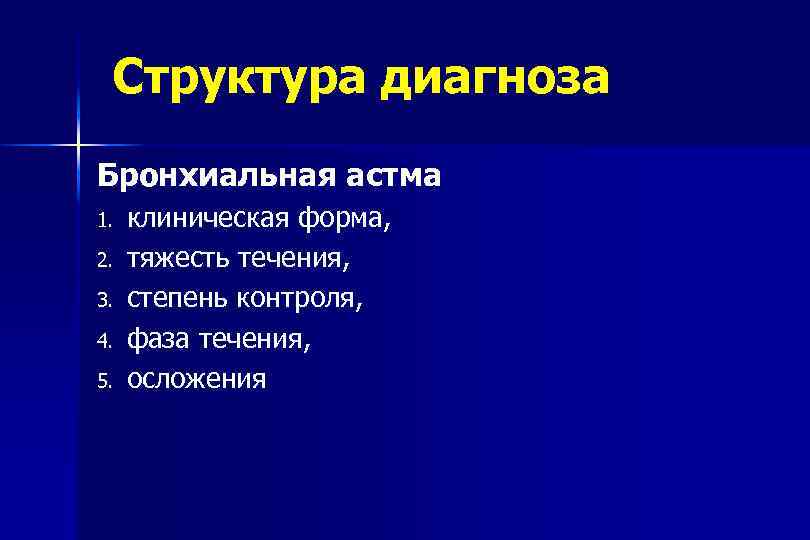 Структура диагноза Бронхиальная астма 1. 2. 3. 4. 5. клиническая форма, тяжесть течения, степень