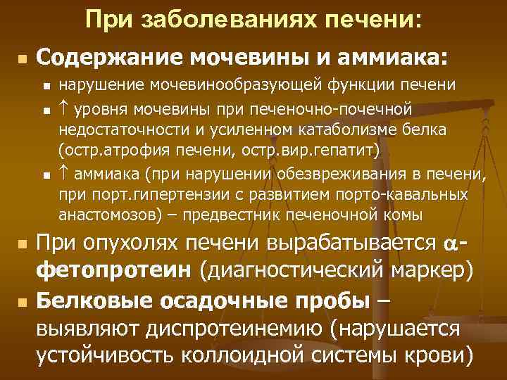 При заболеваниях печени: n Содержание мочевины и аммиака: n n n нарушение мочевинообразующей функции