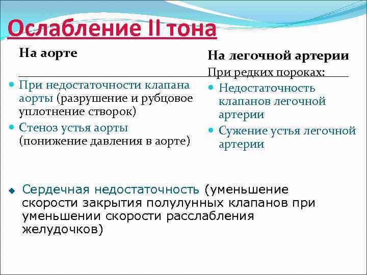 Ослабление II тона На аорте При недостаточности клапана аорты (разрушение и рубцовое уплотнение створок)