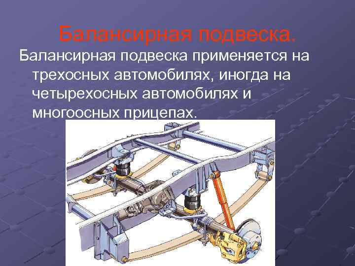 Балансирная подвеска применяется на трехосных автомобилях, иногда на четырехосных автомобилях и многоосных прицепах. 