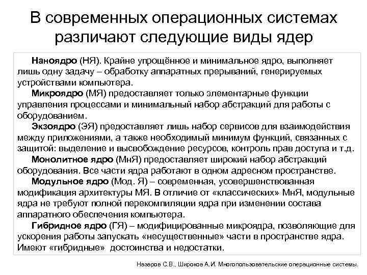 В современных операционных системах различают следующие виды ядер Наноядро (НЯ). Крайне упрощённое и минимальное