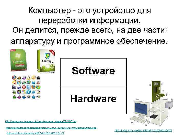 Компьютер - это устройство для переработки информации. Он делится, прежде всего, на две части: