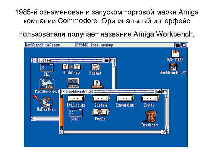 1985 -й ознаменован и запуском торговой марки Amiga компании Commodore. Оригинальный интерфейс пользователя получает