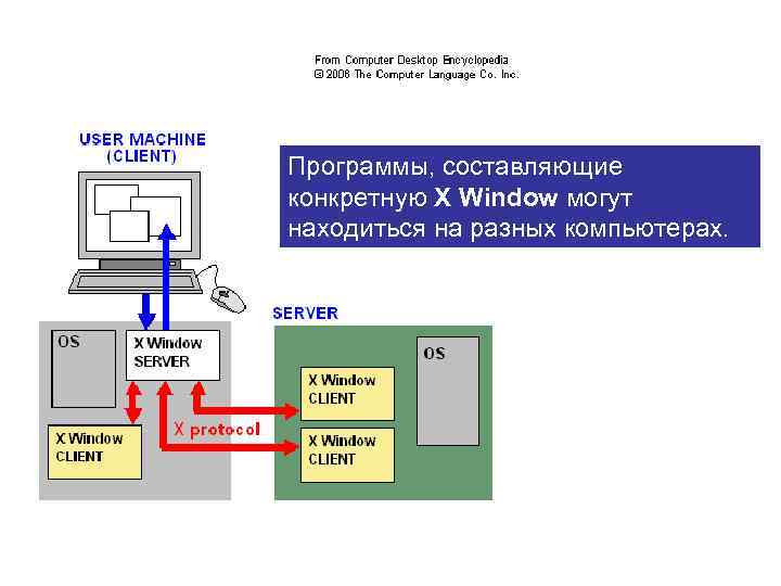 Программы, составляющие конкретную X Window могут находиться на разных компьютерах. 