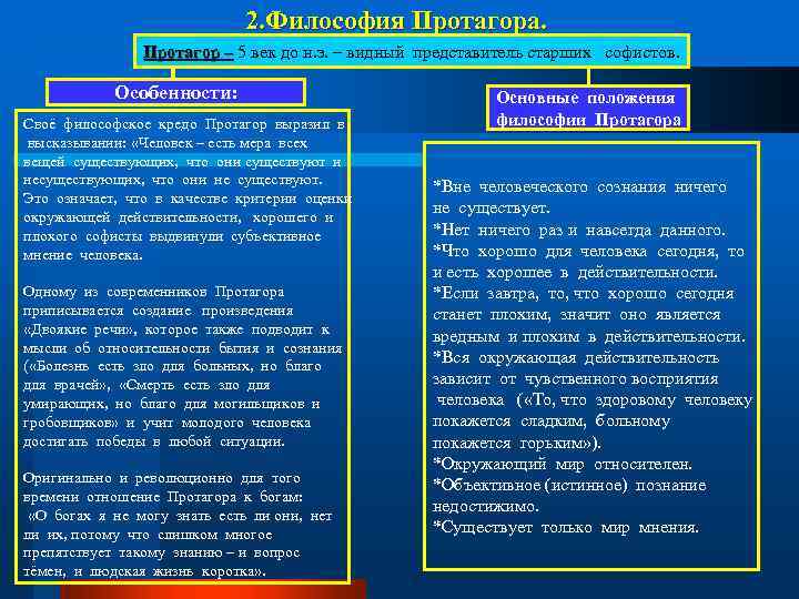 2. Философия Протагора. Протагор – 5 век до н. э. – видный представитель старших