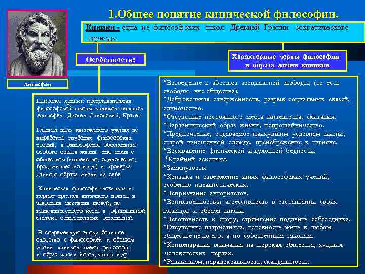 1. Общее понятие кинической философии. Киники - одна из философских школ Древней Греции сократического