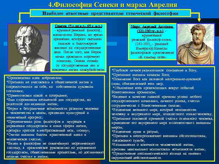 4. Философия Сенеки и марка Аврелия Наиболее известные представители стоической философии Сенека (5 г.