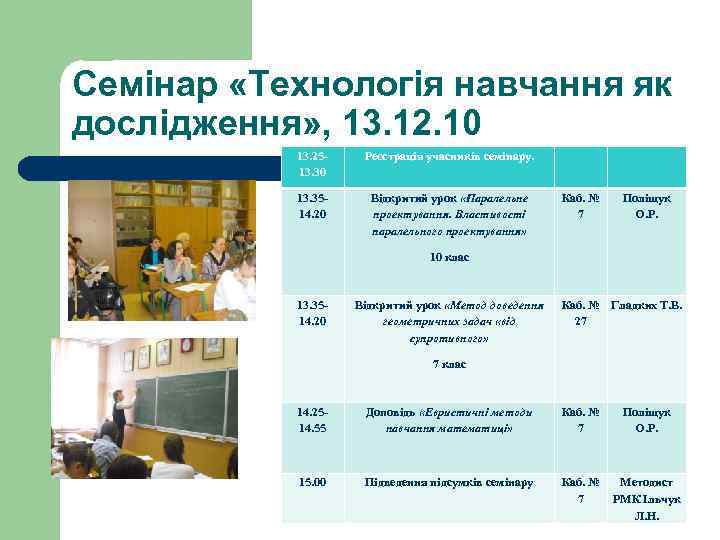 Семінар «Технологія навчання як дослідження» , 13. 12. 10 13. 2513. 30 Реєстрація учасників