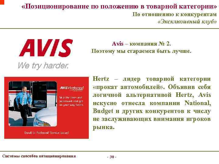  «Позиционирование по положению в товарной категории» По отношению к конкурентам «Эксклюзивный клуб» Avis