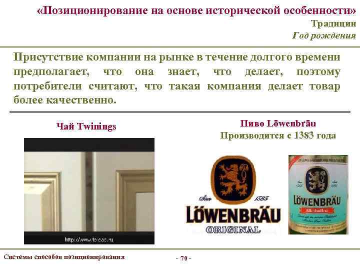  «Позиционирование на основе исторической особенности» Традиции Год рождения Присутствие компании на рынке в