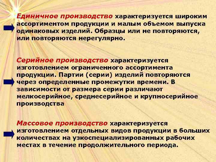 Единичное производство характеризуется широким ассортиментом продукции и малым объемом выпуска одинаковых изделий. Образцы или