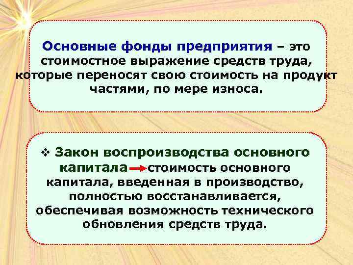 Основные фонды предприятия – это стоимостное выражение средств труда, которые переносят свою стоимость на