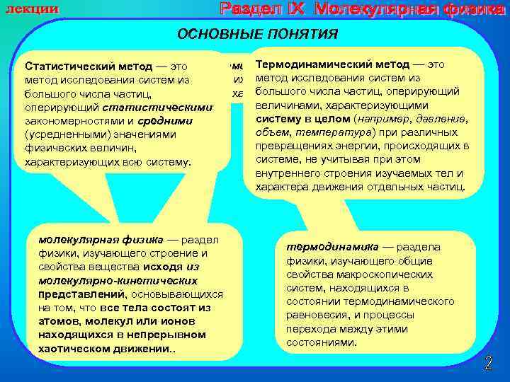 ОСНОВНЫЕ ПОНЯТИЯ Термодинамический которых Молекулярная физика — это Статистический метод и термодинамика — разделы