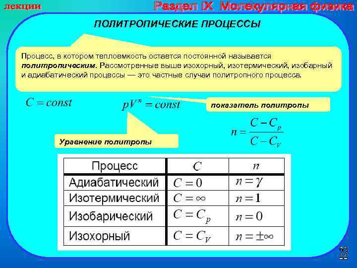 ПОЛИТРОПИЧЕСКИЕ ПРОЦЕССЫ Процесс, в котором теплоемкость остается постоянной называется политропическим. Рассмотренные выше изохорный, изотермический,