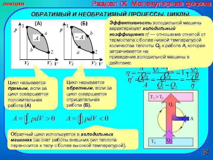 ОБРАТИМЫЙ И НЕОБРАТИМЫЙ ПРОЦЕССЫ. ЦИКЛЫ. Эффективность холодильной машины Термический коэффициент характеризует холодильный полезного действия