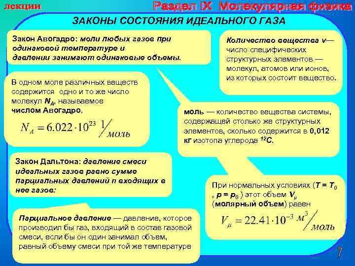 ЗАКОНЫ СОСТОЯНИЯ ИДЕАЛЬНОГО ГАЗА Закон Авогадро: моли любых газов при одинаковой температуре и давлении