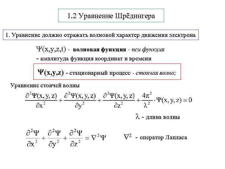 1. 2 Уравнение Шрёдингера 1. Уравнение должно отражать волновой характер движения электрона (x, y,