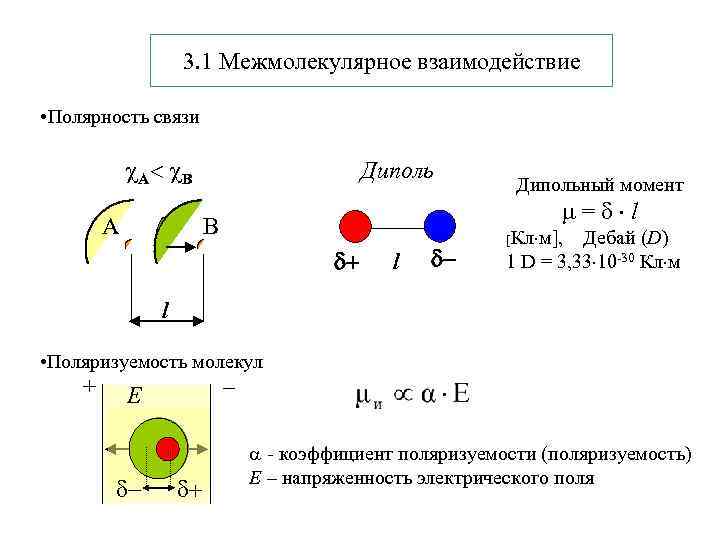 3. 1 Межмолекулярное взаимодействие • Полярность связи А В A Дипольный момент = l