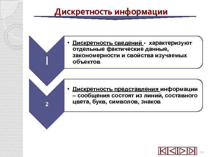 Дискретность информации 1 • Дискретность сведений - характеризуют отдельные фактические данные, закономерности и свойства