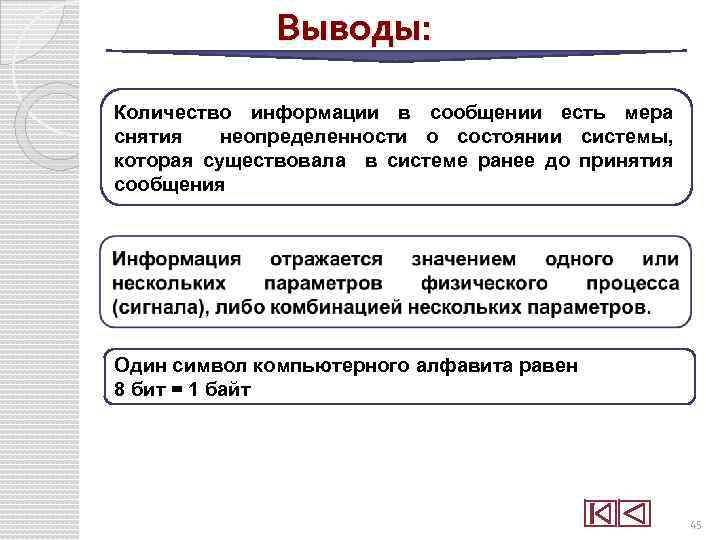 Выводы: Количество информации в сообщении есть мера снятия неопределенности о состоянии системы, которая существовала