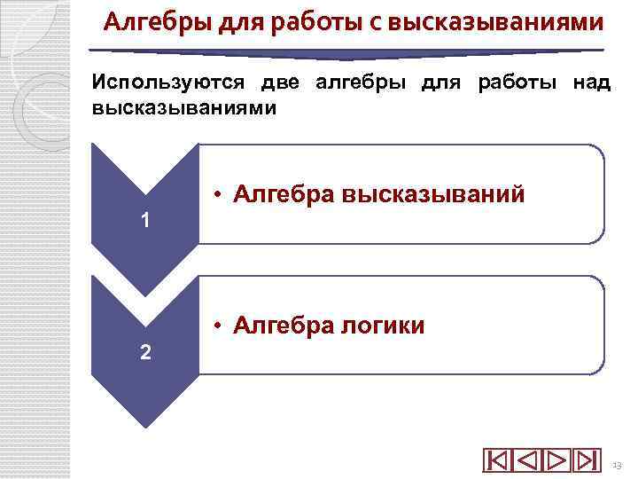 Алгебры для работы с высказываниями Используются две алгебры для работы над высказываниями 1 •