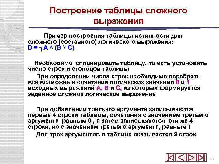 Построение таблицы сложного выражения Пример построения таблицы истинности для сложного (составного) логического выражения: D