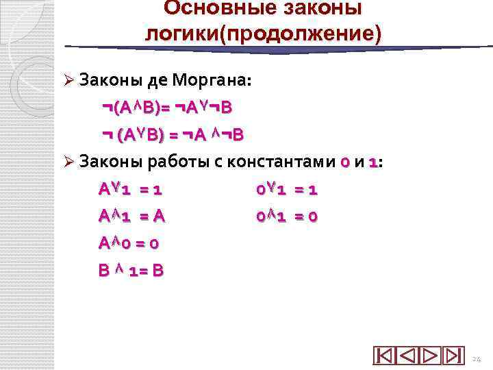 Основные законы логики(продолжение) Ø Законы де Моргана: ¬(А٨В)= ¬А۷¬В ¬ (А۷В) = ¬А ٨¬В