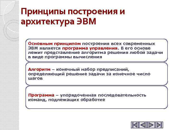 Принципы построения и архитектура ЭВМ Основным принципом построения всех современных ЭВМ является программа управления.