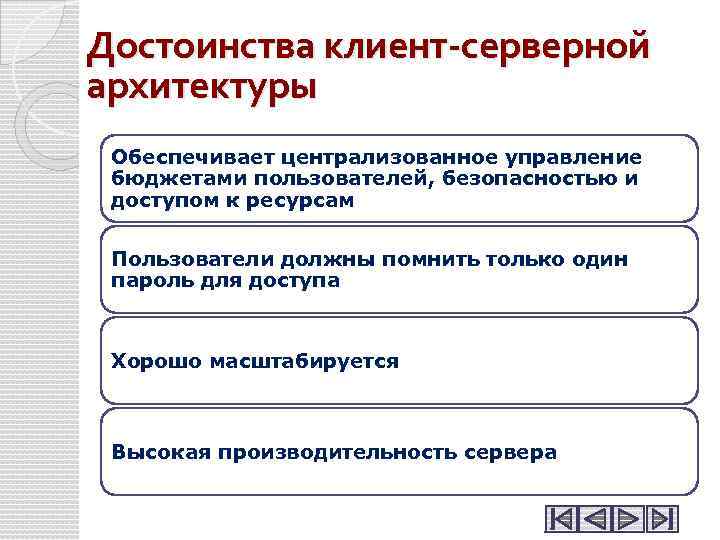 Достоинства клиент-серверной архитектуры Обеспечивает централизованное управление бюджетами пользователей, безопасностью и доступом к ресурсам Пользователи