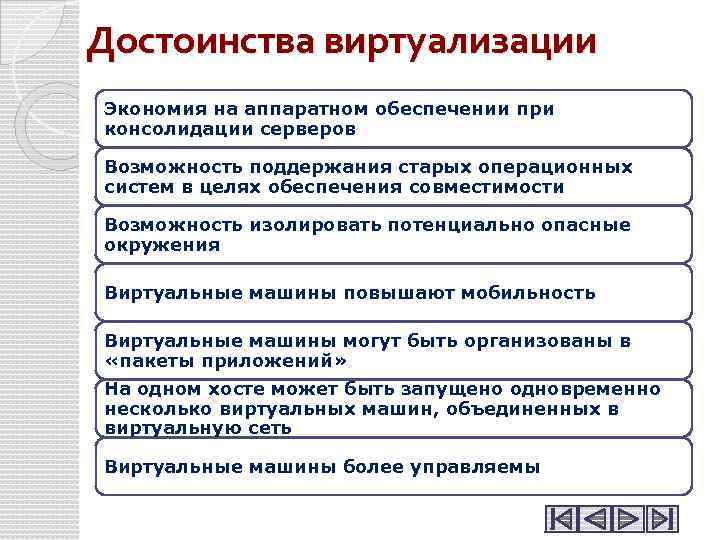 Достоинства виртуализации Экономия на аппаратном обеспечении при консолидации серверов Возможность поддержания старых операционных систем