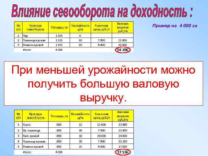 № п/п Площадь, га Урожайность ц/га Рыночная цена, руб. /т Пар Пшеница яровая Ячмень