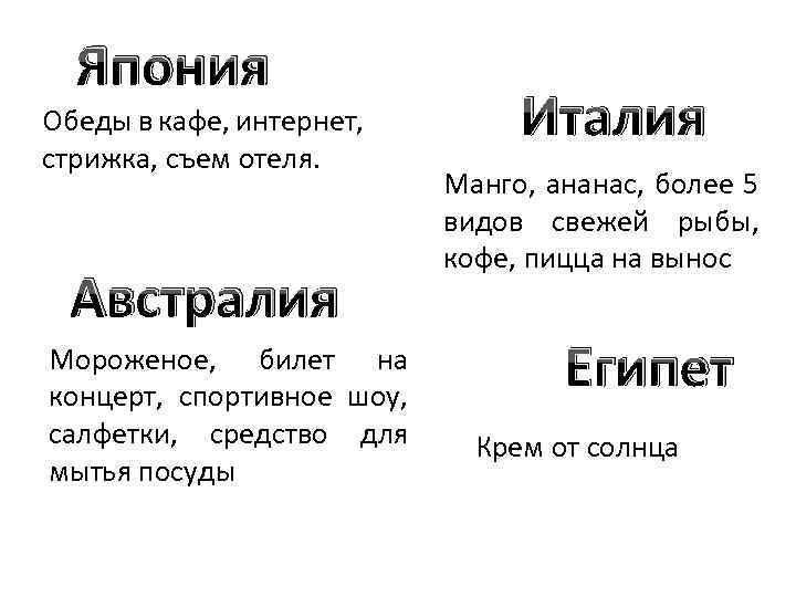 Япония Обеды в кафе, интернет, стрижка, съем отеля. Австралия Мороженое, билет на концерт, спортивное