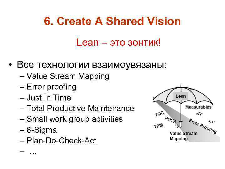 6. Create A Shared Vision Lean – это зонтик! • Все технологии взаимоувязаны: –