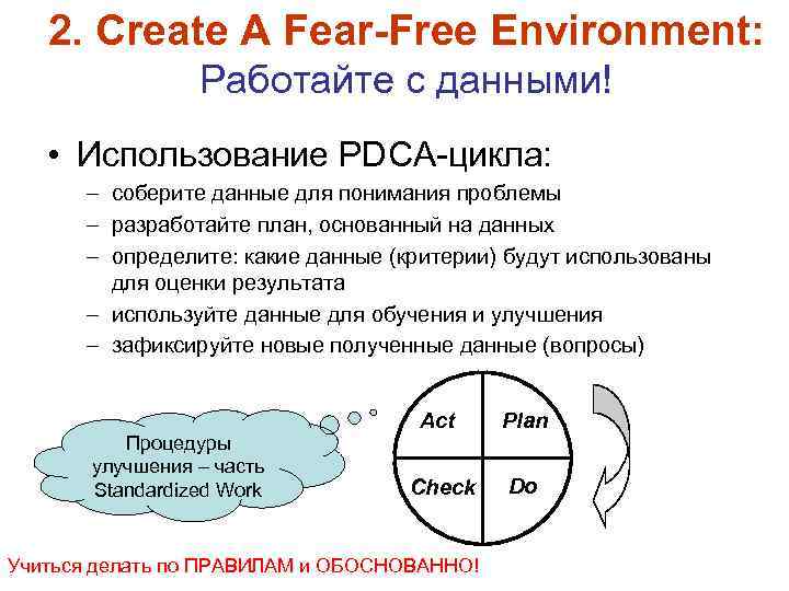 2. Create A Fear-Free Environment: Работайте с данными! • Использование PDCA-цикла: – соберите данные