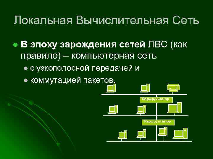 Локальная Вычислительная Сеть l В эпоху зарождения сетей ЛВС (как правило) – компьютерная сеть