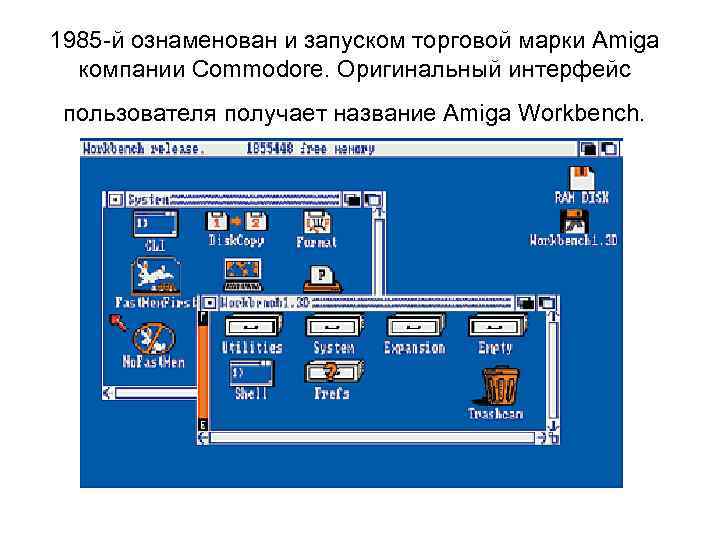 1985 -й ознаменован и запуском торговой марки Amiga компании Commodore. Оригинальный интерфейс пользователя получает