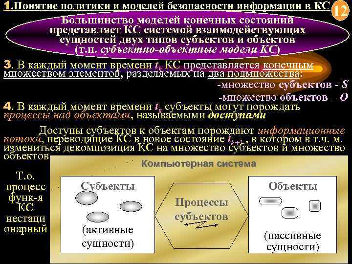 1. Понятие политики и моделей безопасности информации в КС 12 Большинство моделей конечных состояний